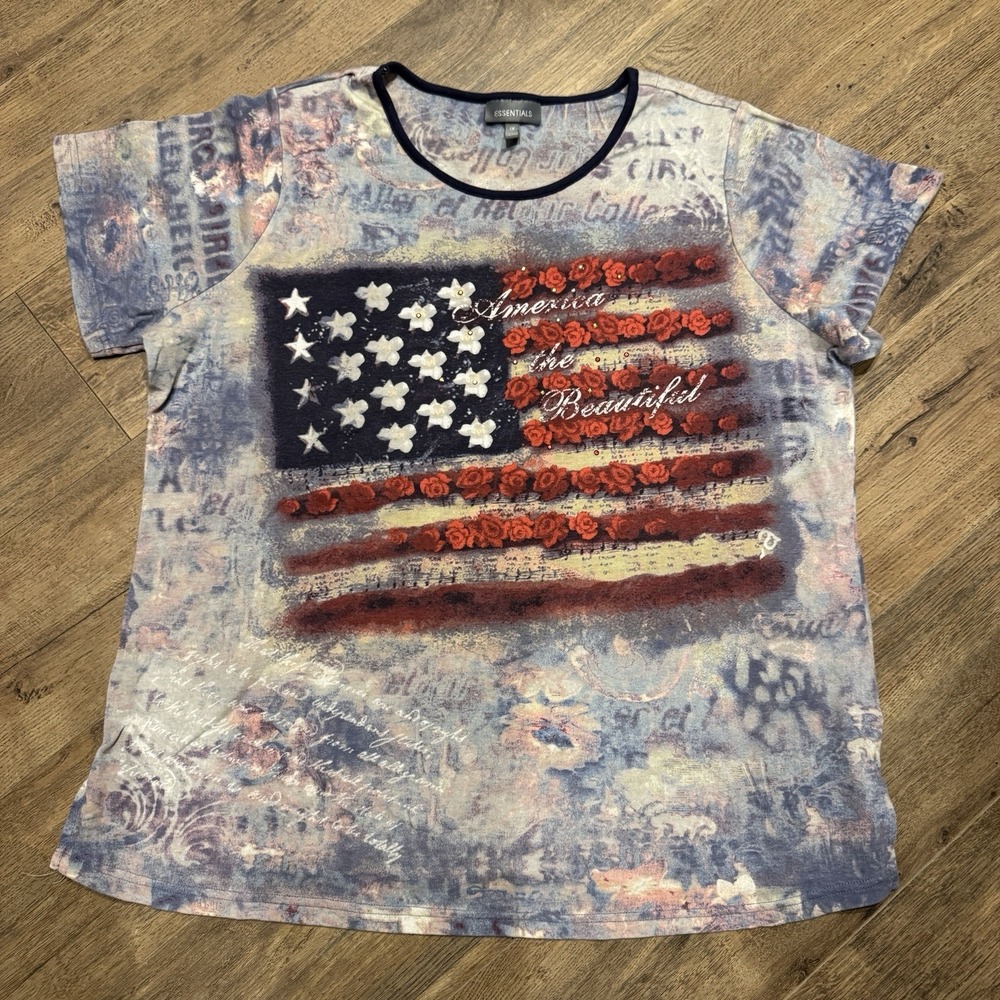 Essentials Women's 1X Americana Flag Top Floral USA Graphic Patriotic